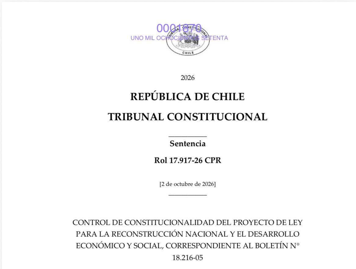 tribconst_chile's tweet photo. ⚖️ Tribunal Constitucional dicta sentencia por el control de constitucionalidad del Proyecto de Ley para la Reconstrucción Nacional (Boletín N°18.216-05).
📌 Conozca la sentencia 👇
https://t.co/xSuMlPB58Q https://t.co/vUw8oK1OMA
