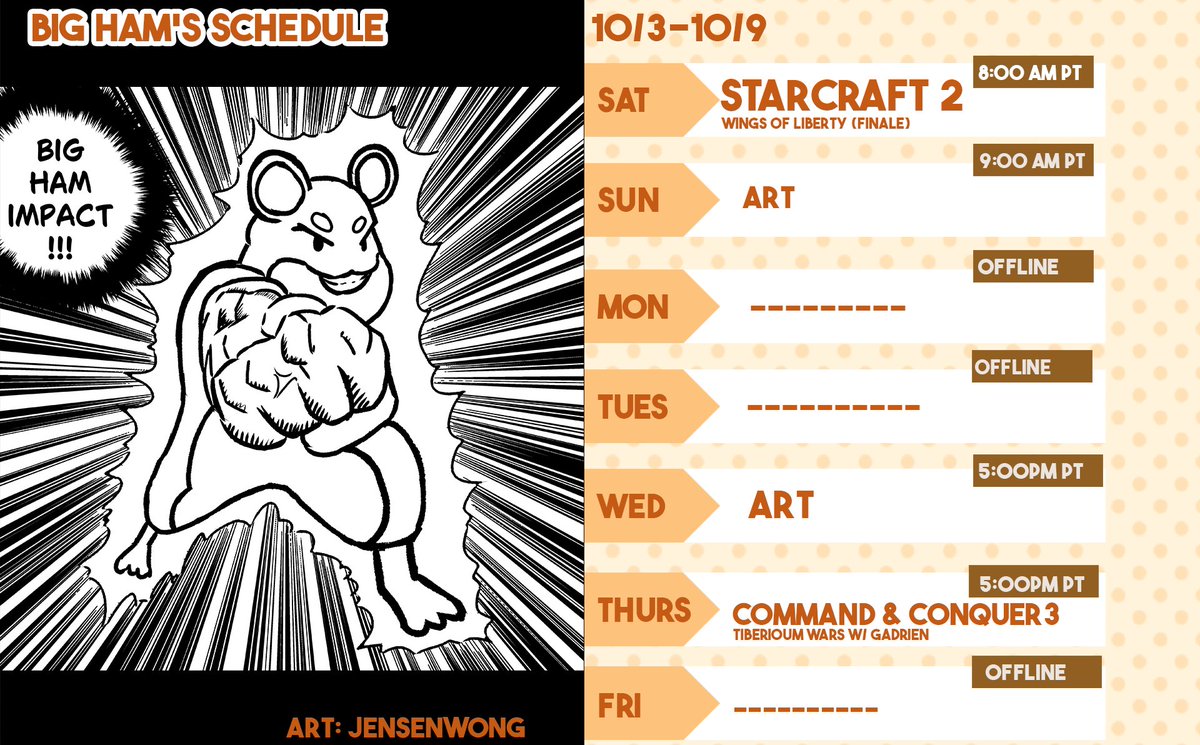 BIGHAM_vt's tweet photo. 👊[ WEEK OF 10/3- 10/9 Schedule ]
🎨art tag: #bighamART
🎬clips tag: #CLIPHAM
General tag: #BIGHAM #BIGHAM_vt

computer is back! Art, Starcraft Wings of Liberty campaign finale, and Command &amp; Conquer 3 with gadrien. Happy RTStober I guess!!!!!!!! https://t.co/OgRzys5M58