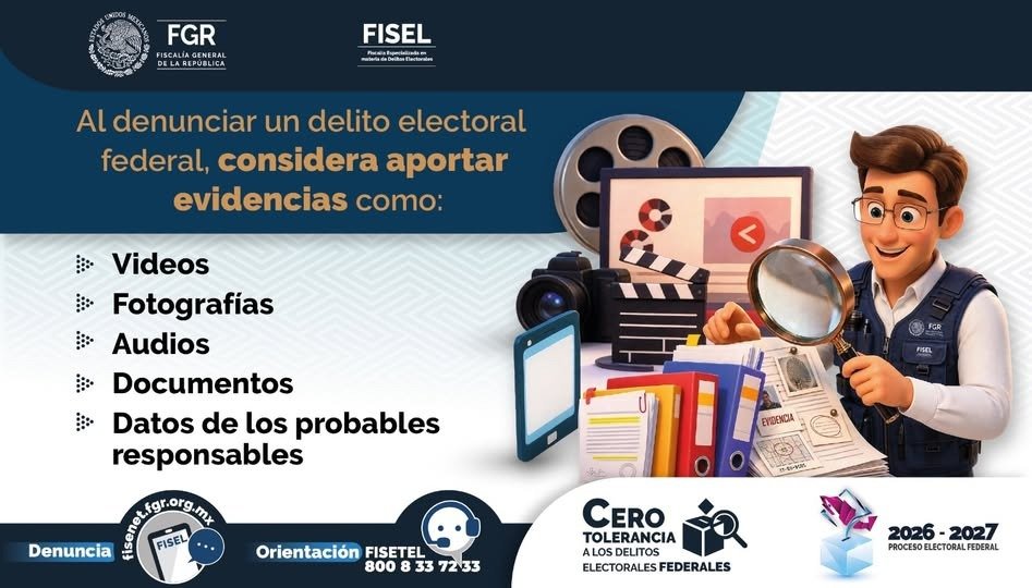 FiscaliaElecMx's tweet photo. Denuncia los #DelitosElectorales en la #FISEL.

#CeroTolerancia

💻  Denuncia: https://t.co/xCJqICCusv

📞  Orientación: 800 833 7233

#Elecciones2027 https://t.co/rtK9vScKU8