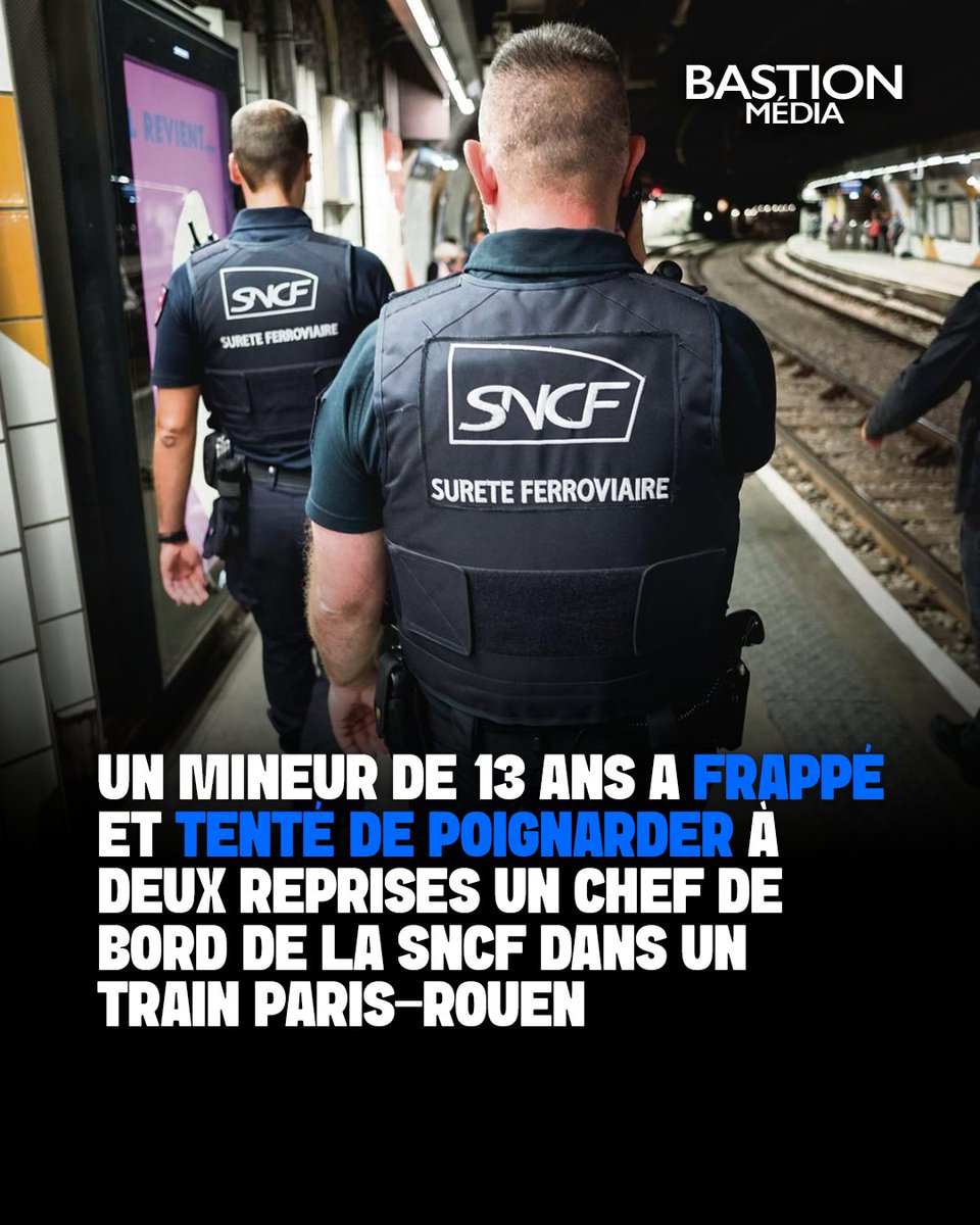 BastionMediaFR's tweet photo. 🔴🇫🇷 𝗙𝗟𝗔𝗦𝗛 𝗜𝗡𝗙𝗢 — Un mineur de 13 ans a FRAPPÉ et tenté de POIGNARDER à deux reprises un chef de bord de la SNCF dans un train Paris-Rouen.

Surpris en train de fouiller la valise de l’agent dans son local de service, l’adolescent l’a insulté avant de lui porter un coup de poing et un coup de pied au visage. Il a ensuite sorti un couteau et tenté de l’atteindre à deux reprises au ventre.

Le chef de bord est parvenu à le désarmer. Deux policiers en civil présents dans le train l’ont maîtrisé jusqu’à son interpellation en gare de Mantes-la-Jolie.

Il a été placé en garde à vue, notamment pour tentative d’homicide volontaire sur une personne chargée d’une mission de service public.

(Source : Le JDD)