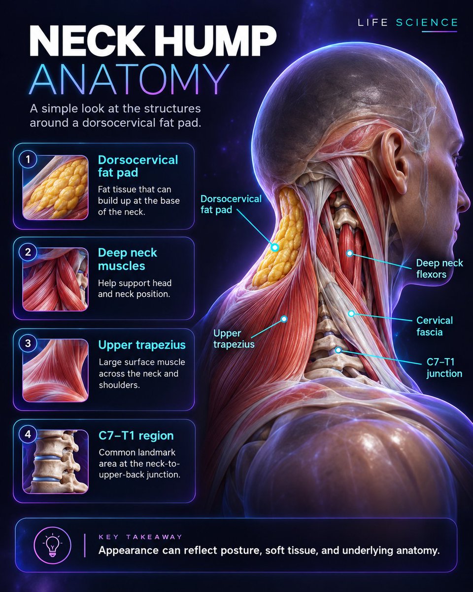 LifeScience_X's tweet photo. A neck hump isn’t always just about posture. Fat tissue, muscle and the shape of the neck-to-upper-back area can all change how it looks. https://t.co/YfdjkEjMq8