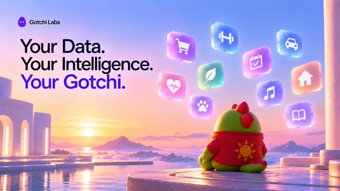 A Gotchi Labs advertisement with the text 'Your Data. Your Intelligence. Your Gotchi.' featuring a green dinosaur-like character surrounded by floating app icons at sunset.