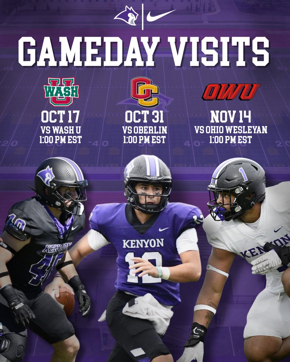 KenyonFootball's tweet photo. Only THREE more opportunities left to experience a gameday visit with Kenyon Football. Contact your recruiting coach for more info!🦉 

#TakeFLIGHT #GoOwls https://t.co/Xs7QbXpO7Z