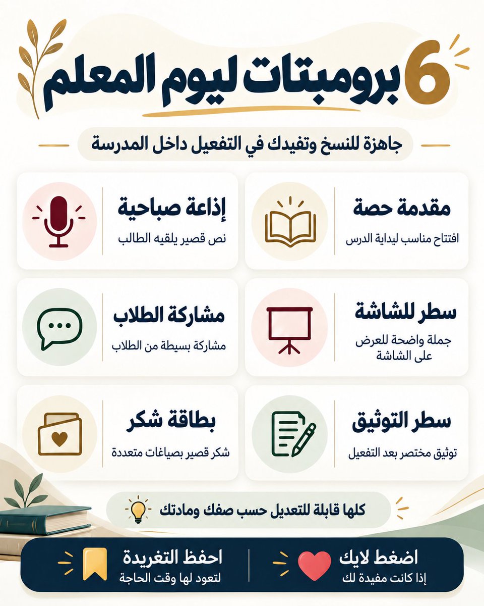 Prmptor's tweet photo. 🟢إذا كلفوك بتفعيل يوم المعلم
هذي 6 برومبتات تختصر 
عليك أغلب الشغل

🟣1- إذاعة قصيرة

"اكتب فقرة إذاعة مدرسية ليوم المعلم العالمي لطلاب الصف [ ] في مدرسة [بنين أو بنات]
مدتها من 60 إلى 90 ثانية
ابدأ بموقف بسيط من حياة الطالب داخل الصف
ثم اربطه بدور المعلم
واختم بسطر شكر واحد طبيعي
بلا قصيدة وبلا عبارات محفوظة وبلا مبالغة"

🟠2- مشاركة الطلاب

"اكتب لي 12 بداية جملة يكملها الطلاب بأنفسهم في يوم المعلم
كل جملة تجعل الطالب يذكر أثرا حقيقيا للمعلم مثل شيء فهمه أو عادة تعلمها أو موقف شجعه
لا تكتب إجابات جاهزة
فقط بدايات قصيرة تناسب الصف [ ]"

⚫3- تفعيل داخل الحصة

"اقترح نشاطا ليوم المعلم مدته 5 دقائق فقط داخل حصة [المادة] للصف [ ]
لا يحتاج طباعة ولا هدايا ولا تجهيز مسبق
ويشارك فيه جميع الطلاب
واكتب خطوات التنفيذ دقيقة بدقيقة"

🟢4- شاشة المدرسة

"اكتب محتوى شاشة ليوم المعلم من 4 شرائح ف��ط
كل شريحة فيها عنوان قصير وسطر واحد فقط
النص يقرأ من بعيد
ويكون مناسبا لمدرسة [بنين أو بنات]
بلا شعر وبلا شعارات طويلة وبلا أسماء"

⚫5- بطاقات شكر مختلفة

"اكتب 10 رسائل شكر قصيرة للمعلم
كل رسالة تشكره على أثر مختلف
مثل التوضيح أو الصبر أو التشجيع أو تنظيم الحصة أو إعطاء فرصة للمحاولة
لا تكرر نفس المعنى
وكل رسالة أقل من 15 كلمة"

🟢6- توثيق التفعيل

"هذه تفاصيل ما نفذناه في يوم المعلم:
[اكتب ما تم]

حوّلها إلى توثيق مختصر ومنظم يحتوي على:
اسم التفعيل
الهدف
ما تم تنفيذه
مشاركة الطلاب
الأثر الملحوظ
وصف لصورتين أو ثلاث صور مناسبة للتوثيق
ولا تخترع أي نشاط ��و رقم لم أذكره"

#يوم_المعلم #prompt #Chatgpt #الذكاء_الاصطناعي #grok #gemini #برومبت #تعليم