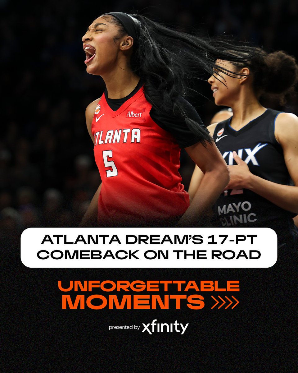 WNBA's tweet photo. A rally for the ages. 😮‍💨 

Every playoff team has a moment you'll never forget. For the Dream, this was one of them. The Dream erased a 17-point deficit on the road and stunned the Lynx in one of the season's wildest finishes. Imagine that.

Unforgettable Moments presented by @Xfinity.