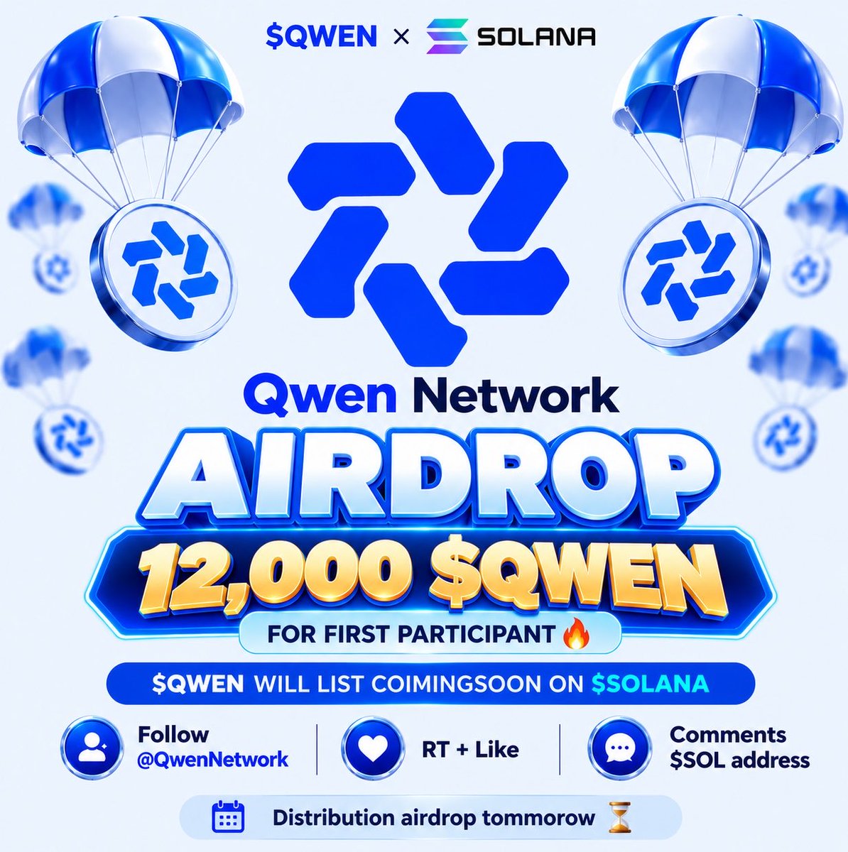 QwenNetwork's tweet photo. Qwen Network AirDrop索赔12,000 - 第一位参与者QWEN美元🔥

$QWEN将在$SOLANA上列出Coimingsoon

✅关注@QwenNetwork并加入TG https://t.co/3FEZwXN9Qw

✅转发+点赞

✅评论$SOL地址

明天分发空投⏳ https://t.co/oR7lhiazsH
