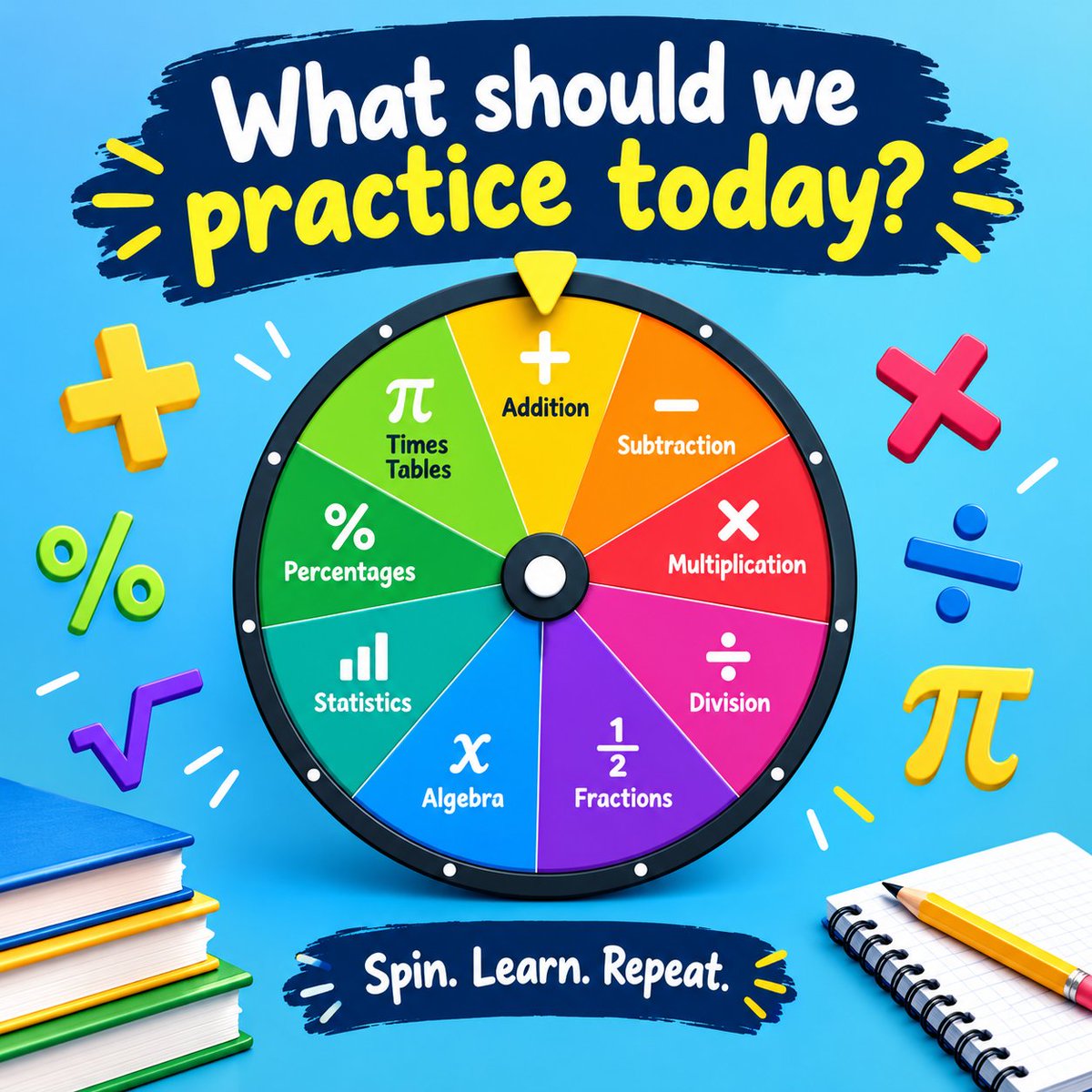 LetsSpinapp's tweet photo. Can't decide what to revise in math? Let the wheel decide! 🎡 
Spin to get a random math topic - fractions, algebra, geometry, times tables &amp; more. 
Free, no signup, works on any device. Perfect for teachers, tutors &amp; students.
https://t.co/4D0sl0o13f
#maths #edtech #teachers https://t.co/ygl0GC9PZi