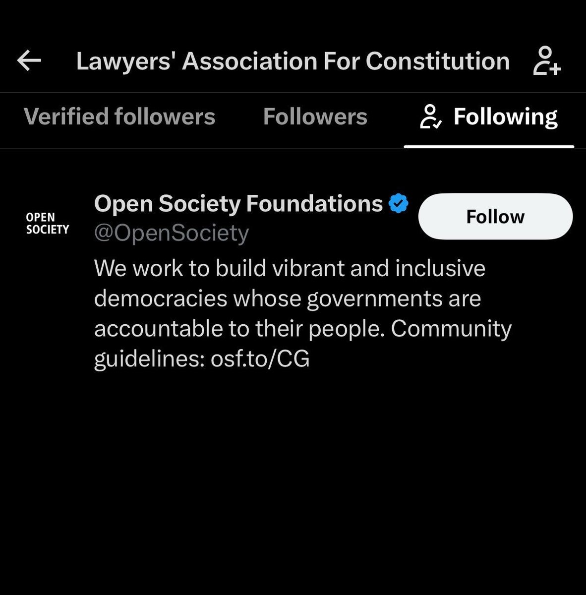 mujifren's tweet photo. Lawyer Association for Constitution meddling in India's Election Process only follows one handle -

George Soros' Open Society Foundation

And Pappu's followers had the audacity to mock BJP supporters when they point out Soros is still highly active in Indian affairs https://t.co/i5KId27Nrz