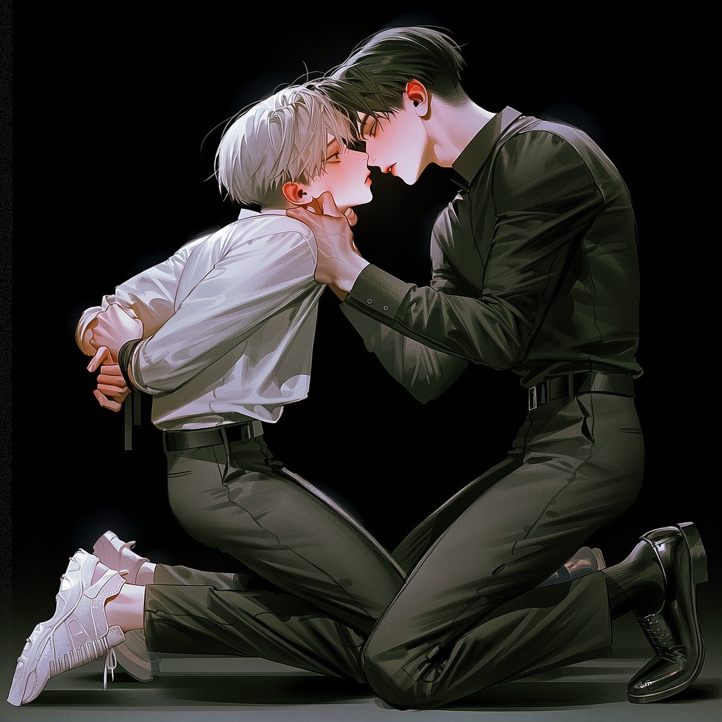 Crispy_lo's tweet photo. 야밤에 조은거 ( ͡°( ͡° ͜ʖ( ͡° ͜ʖ ͡°)ʖ ͡°) ͡°)

잘 안나와서 여러번 돌렸어요 재미로 쓰세요

2boys, black background,  left boy wearing a white button-up shirt, black slacks, black belt, white sneakers, kneeling on one knee, upper body leaning deeply backward, torso arched, both arms raised and pinned behind his head, wrists restrained together, vulnerable posture,  right boy wearing an all-black outfit, black shirt, black pants, kneeling close in front of him, one hand gripping and controlling the restrained boy's wrists above/behind his head, the other hand grabbing the front of his white shirt near the chest or waist,  very close distance, intense eye contact, dramatic tension, dynamic intertwined pose, full body, side angle, studio-like black background, no props, no furniture