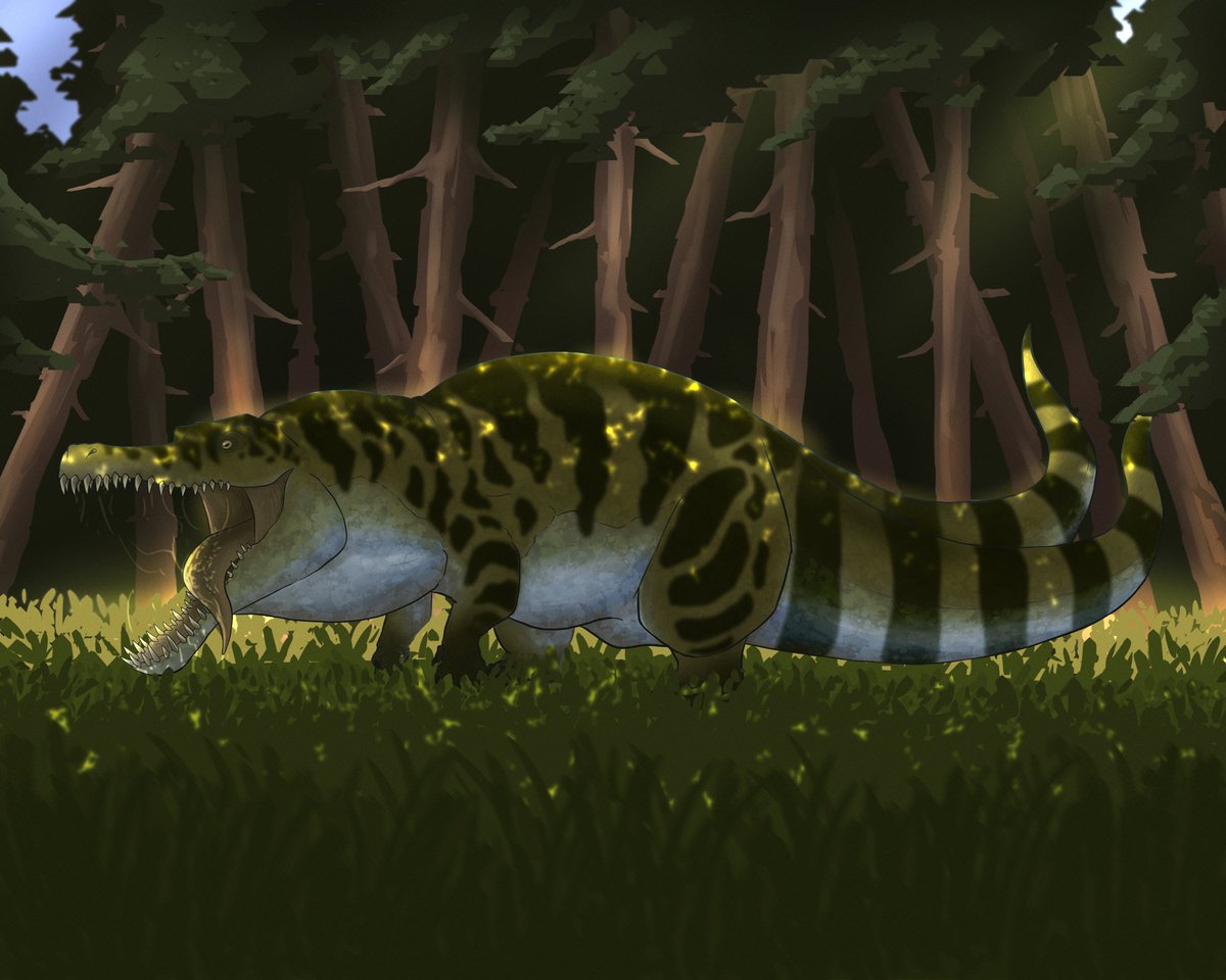 artofhend's tweet photo. Diourosaurus
It was a species originally intended to be semi-aquatic, similar to a crocodile but with two tails.
However, it was ultimately designed to be entirely terrestrial, with skin the color of a crocodile but a massive body. 
#digitalart #monstersketch #dinoart #artist https://t.co/T4LTLDPJbB