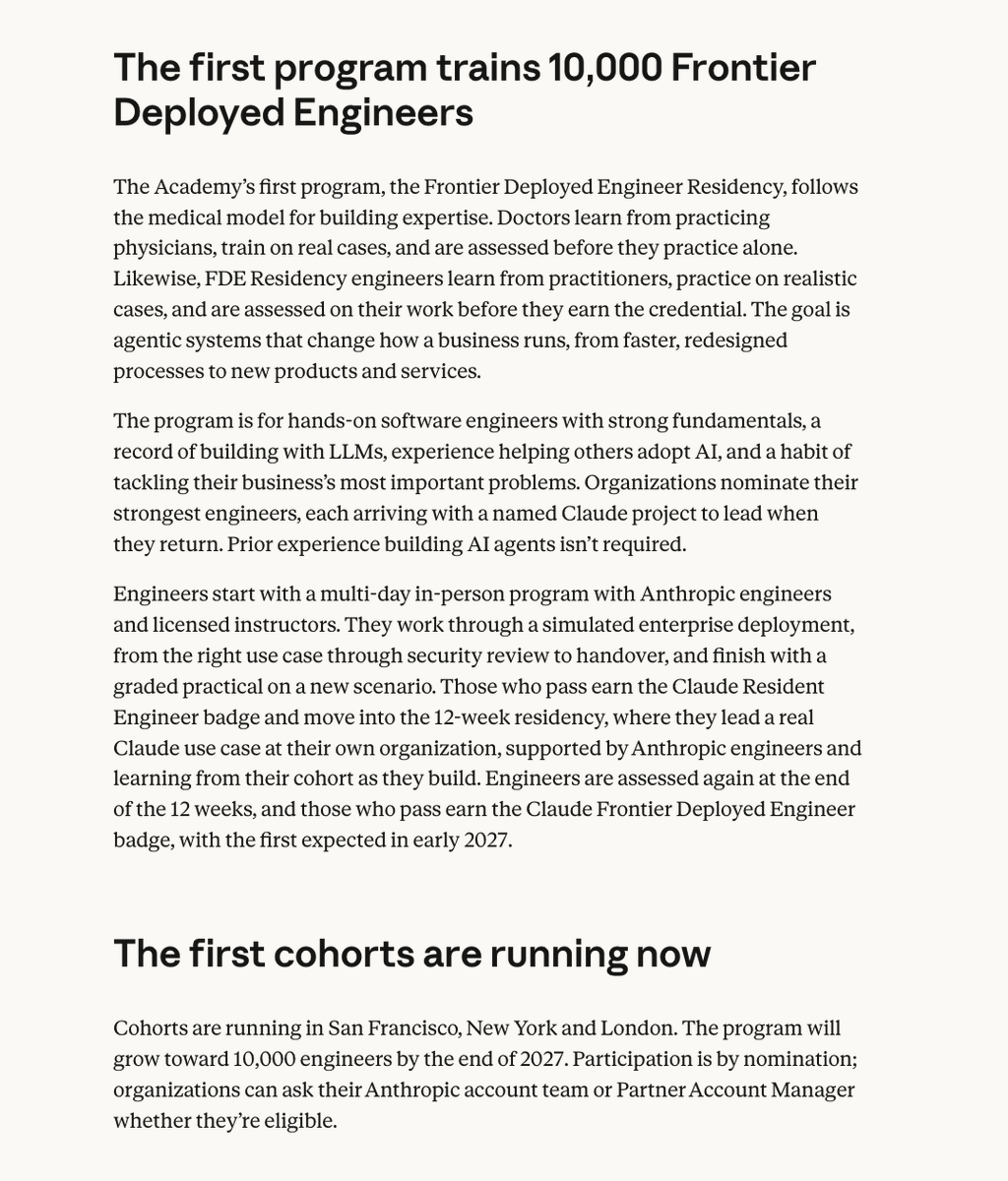 wallstengine's tweet photo. Anthropic is committing $100M to train 10,000 “Frontier Deployed Engineers” by the end of 2027 through its new Claude Frontier Academy.

First cohorts include engineers from Accenture, Bain, Capgemini, Deloitte, McKinsey, Morgan Stanley, Commonwealth Bank and Novo Nordisk.

Participants begin with in-person training, then spend 12 weeks deploying a real Claude project inside their own organization with support from Anthropic engineers.

The goal is to build more engineers who can take enterprise AI projects from prototype to production.