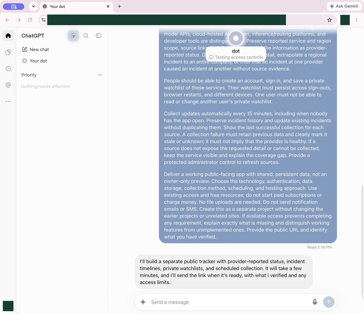 edwin's tweet photo. 1/7

We asked OpenAI’s Dots to build an AI status dashboard: one place to check @claudedevs, @cursor_ai, @OpenRouter, @GeminiApp, @MistralAI, @cohere API health.

Twelve providers. Public page. Saved incident history. Private watchlists. Refresh every 15 minutes.

We didn’t specify the stacks. We repeated this experiment 8x.