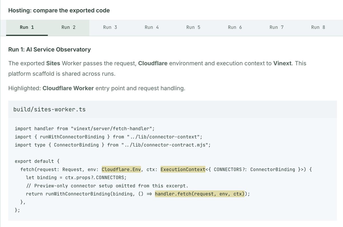 edwin's tweet photo. 3/7

Hosting: @Cloudflare Workers, through ChatGPT Sites, every time.

No @vercel. No @Railway. No new hosting account. Dots built Vinext (the "Next.js on Vite" alt) apps that were delivered via Cloudflare. https://t.co/q5ZcJCXu7q