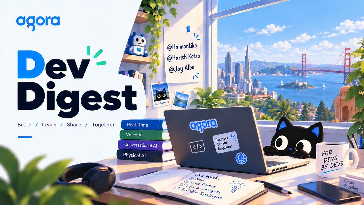 AgoraIO's tweet photo. Some cool things developers have been building with Agora lately 👀

☕️ Spidey is a friendly AI companion that helps you manage tasks by voice. By @HaimantikaM .
⚔️ Voice Arena brings two voice agents with different turn-taking and interruption settings into a live battle. By @HarishKotra .
🎙️ Jev VAD explores when a voice agent should listen or keep talking. By @SoCalJayF .
🎧 An interactive podcast where you can jump in and talk to two AI hosts. By @zicojzc.