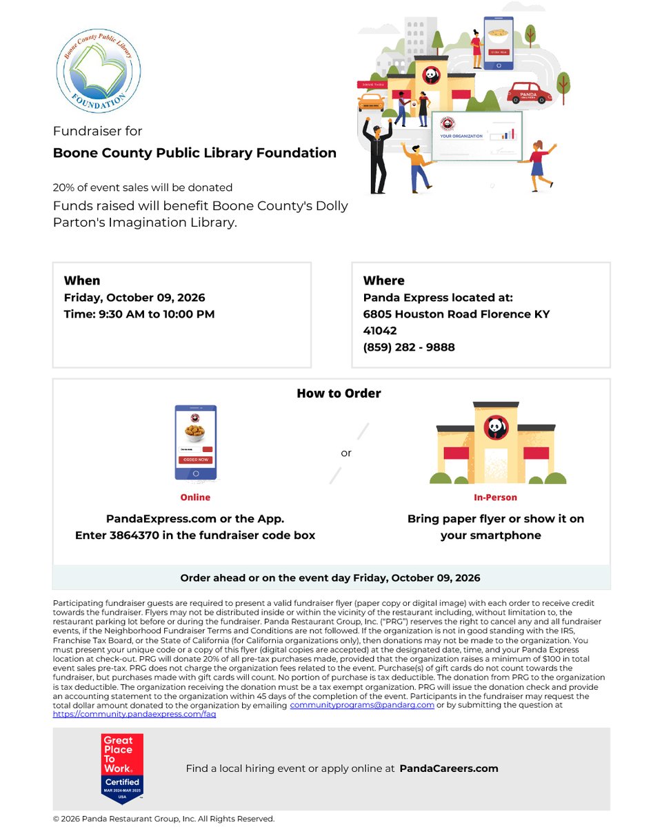 boonelibrary's tweet photo. The BCPL Foundation is sponsoring a fundraiser event that supports Dolly Parton's Imagination Library on Friday, October 9 at 9:30am to 10pm.  Present this flyer with each order to receive credit towards the BCPL Foundation. Thank you for your support! https://t.co/lPTz8EXWSU