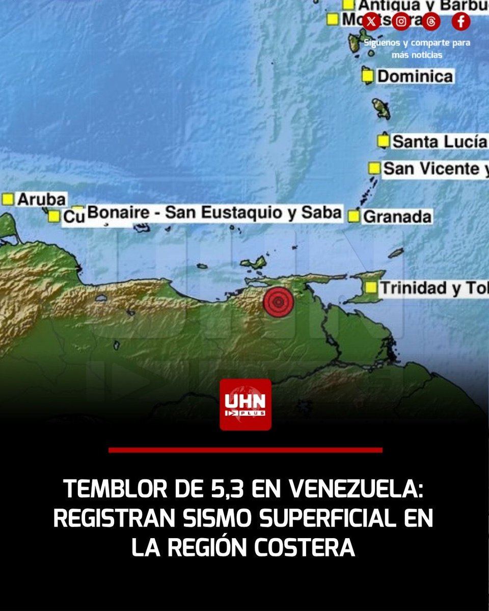 UHN_Plus's tweet photo. 🇻🇪‼️ | ÚLTIMA HORA — Un fuerte sismo de magnitud 5,3 sacudió las costas de Venezuela a una profundidad superficial, menor a 30 kilómetros: el Servicio Geológico Colombiano confirmó el evento telúrico registrado durante la mañana de este viernes, el cual encendió las alarmas en la región costera central y occidental por la intensidad del temblor.