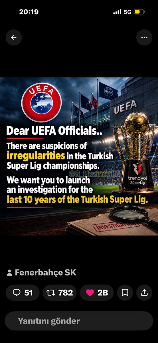 gulbekastan's tweet photo. Sayın UEFA Yetkilileri... @UEFA @FIFAcom 

Türkiye Süper Lig şampiyonalarında usulsüzlük şüpheleri var.

Türkiye Süper Ligi'nin son 10 yılına ilişkin bir soruşturma başlatmanızı istiyoruz. https://t.co/YTFxnXR4yM