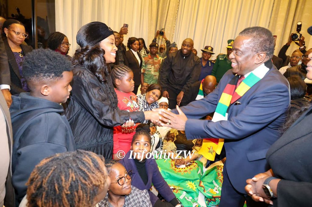 zimlive's tweet photo. 📸 President Emmerson Mnangagwa greets Wicknell Chivayo’s ex-wife Sonja Madzikanda at funeral wake in Gletwin. Her two children with the late tenderpreneur have made a surprise appearance after they were earlier reported to be receiving counselling by a family spokesman https://t.co/UsA4z25IXO