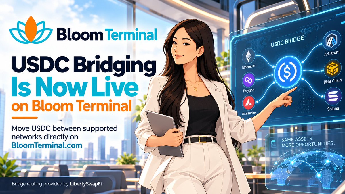 Bloom_Term's tweet photo. USDC Cross-Chain Bridging Is Now Live on Bloom Terminal

Bloom Terminal has integrated the LibertySwap V3 API, giving users a simple way to move $USDC between supported networks directly on https://t.co/Mcww9c5Wk8.

Bridge routing provided by @LibertySwapFi. Bloom Terminal is an independent interface.

#BLOOM #BloomTerminal #LibertySwap #PulseChain #CrossChain #USDC