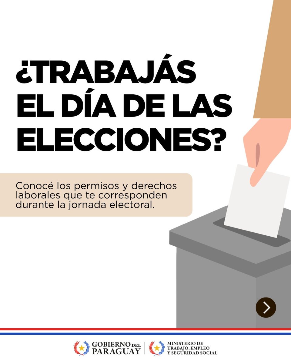 MTESS_PY's tweet photo. #EleccionesMunicipales | 🗳️ La participación ciudadana en las elecciones municipales de este domingo es fundamental para el ejercicio de los derechos cívicos.

Por tal motivo, el Ministerio de Trabajo reitera los permisos y derechos laborales vigentes durante la jornada electoral, tanto para quienes deben cumplir su jornada habitual de trabajo como para quienes desempeñarán funciones electorales.

La normativa contempla medidas específicas para trabajadores que deben acudir a votar ese día y para quienes cumplen funciones como miembros de mesa, apoderados o veedores electorales.

Deslizá para conocer los permisos y derechos que corresponden en cada caso.