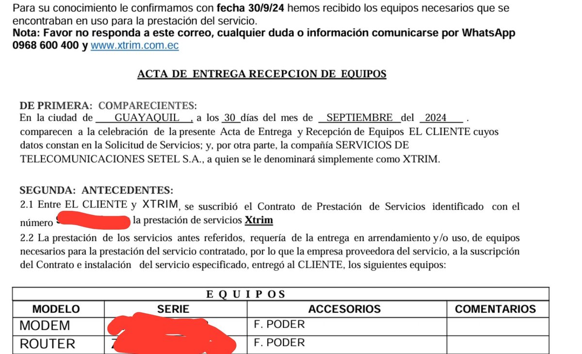 EmergenciasEc's tweet photo. Señores de @Xtrimecuador, dejen de perjudicar a sus usuarios.
Me llaman a cobrar una supuesta deuda por no entregar sus equipos, cuando tengo en mi poder el acta de entrega firmada.
​Es inaceptable que tras devolver todo, pretendan generar cobros indebidos.
No voy a perder tiempo acercándome a solucionar un error que es 100% de ustedes.
Y no soy el único, hay decenas de clientes en la misma situación a quienes les registran deudas falsas tras haber devuelto todo.