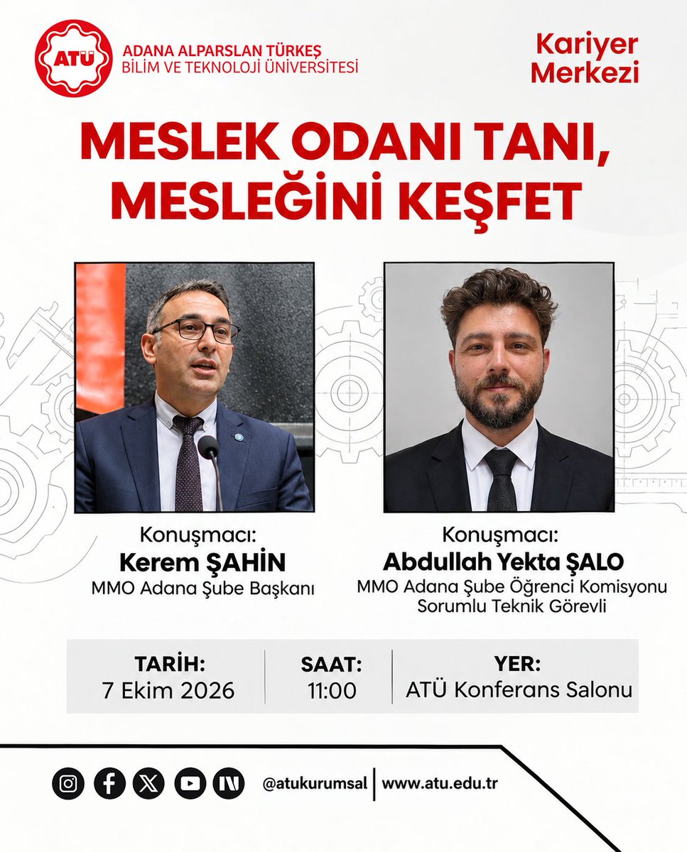 atukariyer's tweet photo. ⚙️ Mesleğinize ve kariyer yolculuğunuza dair ilham verecek bir buluşmaya davetlisiniz!

📅 7 Ekim 2026 Çarşamba
🕚 11.00
📍 ATÜ Konferans Salonu https://t.co/BzJXNbJDZH