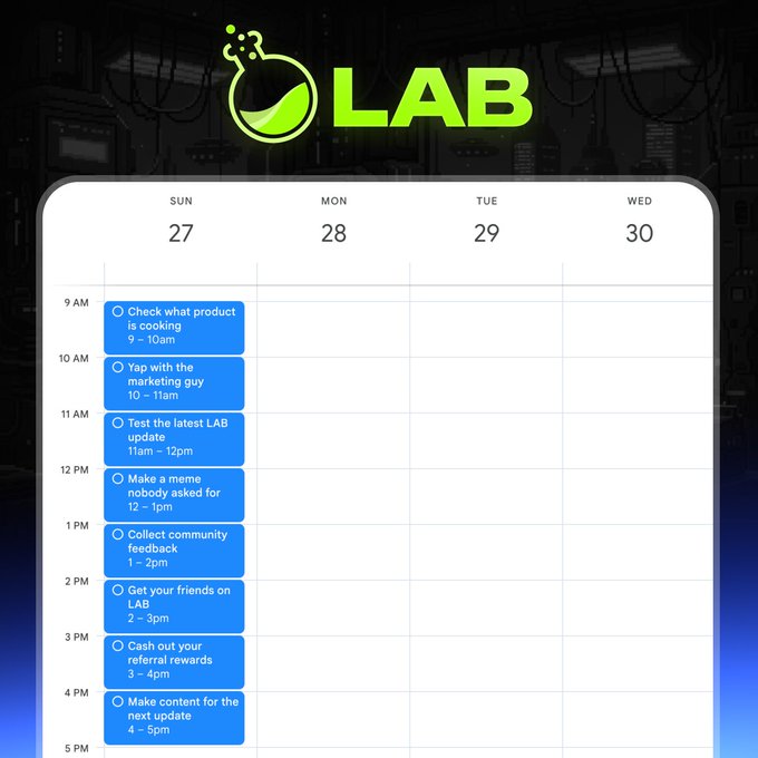A weekly calendar schedule for "LAB" (a product) showing daily tasks for Sunday the 27th from 9 AM to 5 PM, including checking products, testing updates, making memes, and creating content.