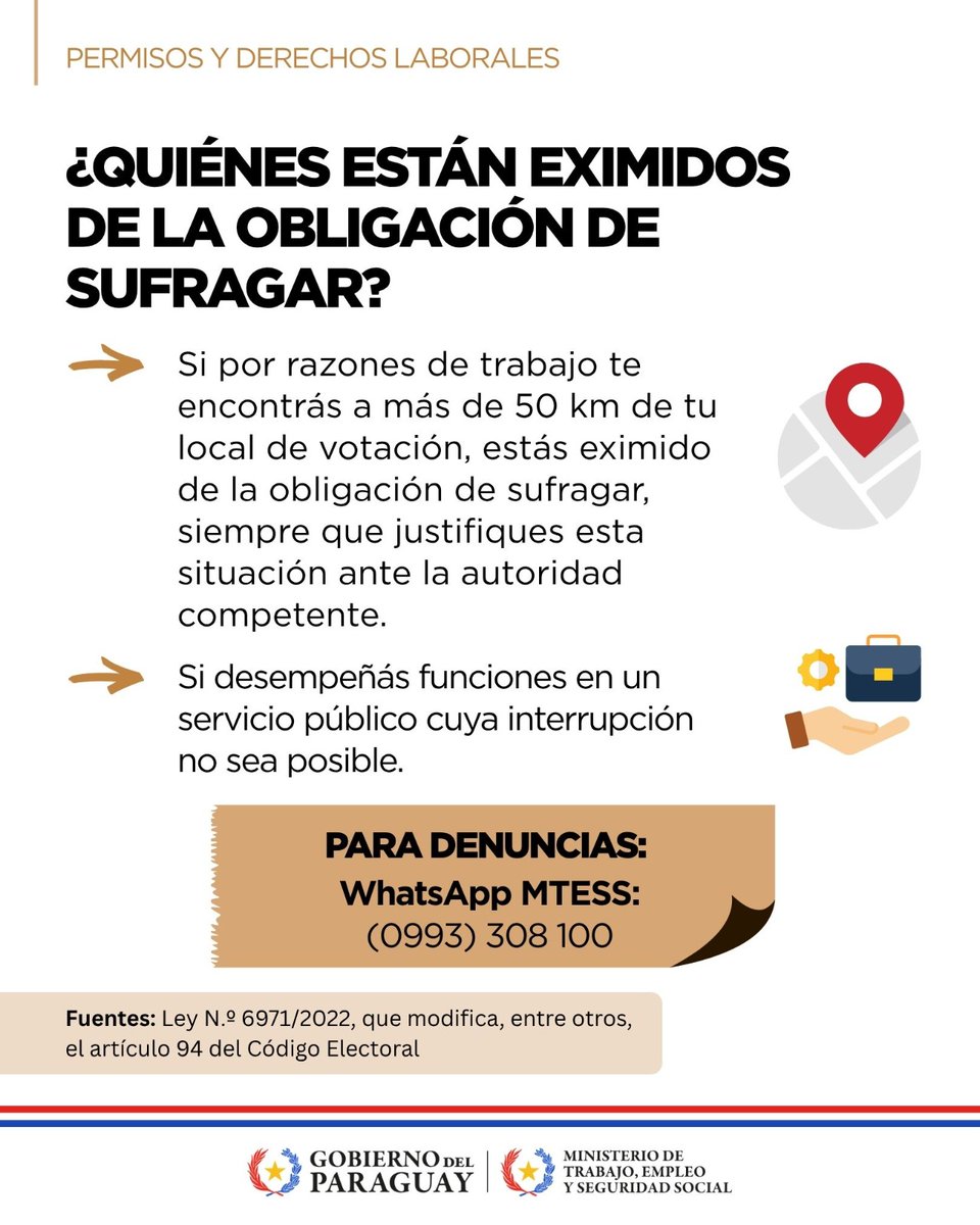 MTESS_PY's tweet photo. #EleccionesMunicipales | 🗳️ La participación ciudadana en las elecciones municipales de este domingo es fundamental para el ejercicio de los derechos cívicos.

Por tal motivo, el Ministerio de Trabajo reitera los permisos y derechos laborales vigentes durante la jornada electoral, tanto para quienes deben cumplir su jornada habitual de trabajo como para quienes desempeñarán funciones electorales.

La normativa contempla medidas específicas para trabajadores que deben acudir a votar ese día y para quienes cumplen funciones como miembros de mesa, apoderados o veedores electorales.

Deslizá para conocer los permisos y derechos que corresponden en cada caso.