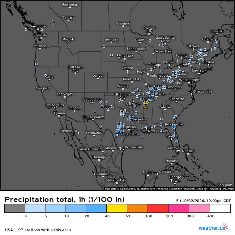 WeatherdotUS's tweet photo. Here is a look at the hourly rainfall amounts measured across the continental USA this noontime, expressed in hundredths of an inch:

https://t.co/Di5Px7Ae43

TT https://t.co/rHyXSWZ8IU