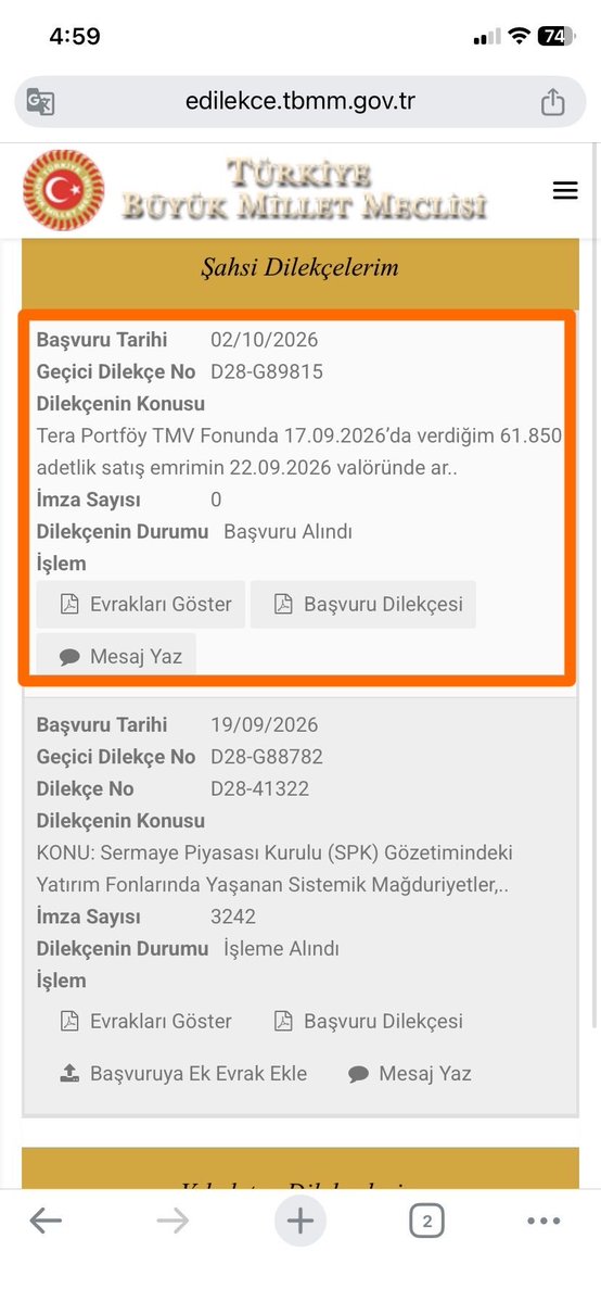 finansal_sanat's tweet photo. #TBMM için #TMV dilekçesi sunuldu.

İçerideki paramızı almak için siteye girerek 👉🏻 https://t.co/xyfQFptkW7 👉🏻 katılıma açılan dilekçeler kısmından
dilekçe numarasını: D28-G89815 girerek süreci hızlandırabilirsiniz.

Günlerdir hesabına yatan parasını alamayan TMV yatırımcısı için bir umut olabilir.

@memetsimsek @abakingurlek @spkgovtr @Takasbank