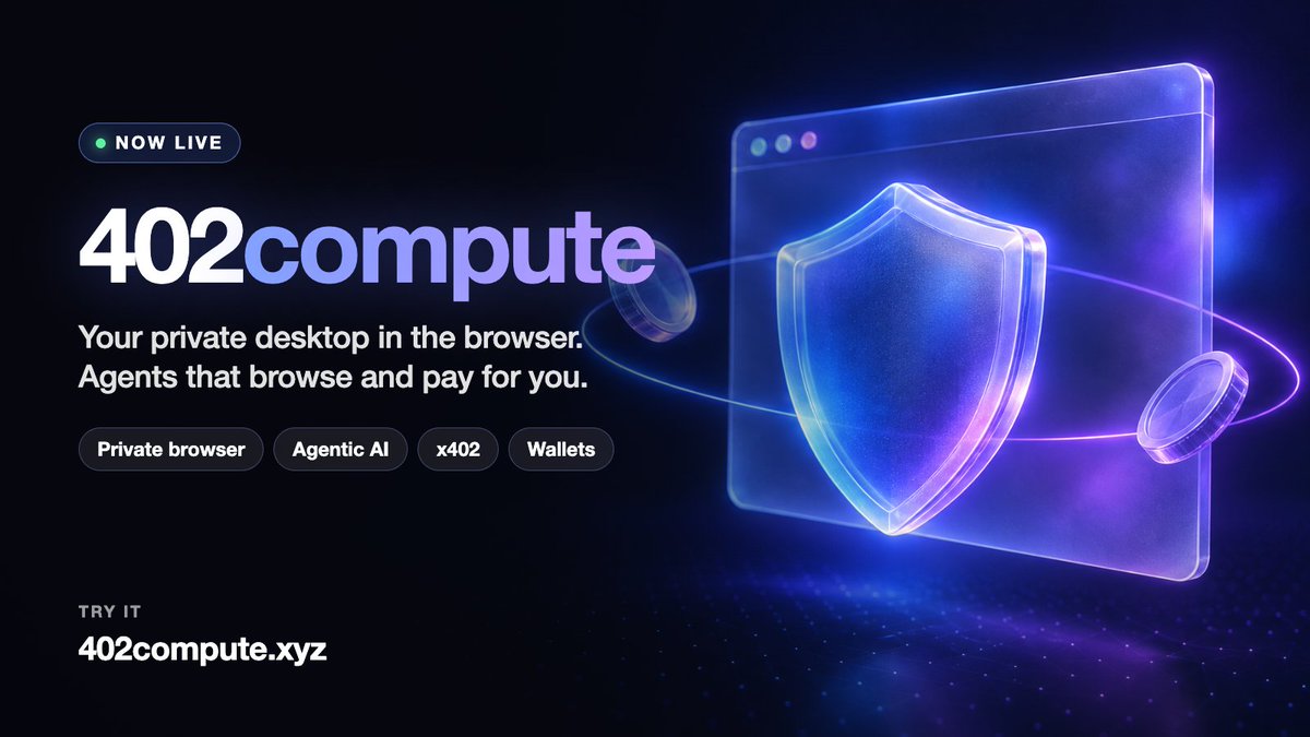 X402_Compute's tweet photo. 402compute is live.

A private desktop that runs in your browser tab:

→ A real remote browser. Sites see our server, not your device.
→ Wallets you own. Keys stay encrypted in your browser.
→ AI agents that browse for you and pay with x402, inside the budget you set.

Free access during launch.

Try it: https://t.co/TSbsSoqpPS

CA: 0x853258e2fe104cd57e9cdc6797f0c3e0c7403747