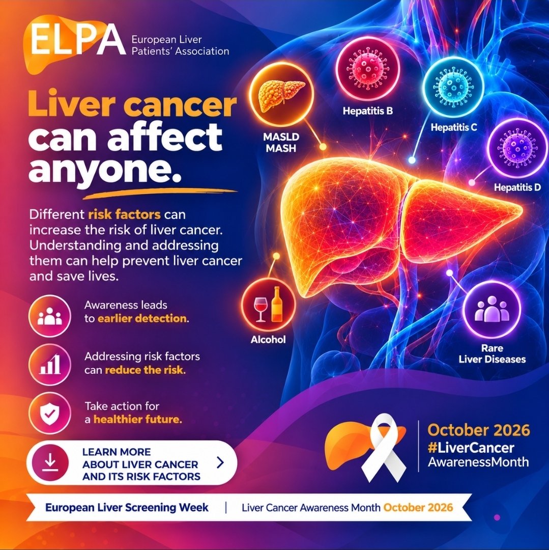 EuropeLiver's tweet photo. 🇪🇺🇺🇳 OCTOBER | #LiverCancerAwarenessMonth

LIVER CANCER MUST BE PART OF EUROPE’S CANCER AGENDA.

This October, ELPA joins the European community in raising awareness that liver cancer does not begin with cancer — it often develops after years of underlying liver disease and preventable or manageable risk.

Europe’s Beating Cancer Plan puts prevention and early detection at the heart of the EU response to cancer. Supported through EU4Health, Europe is investing in prevention, health literacy and initiatives addressing cancer-related risk factors and infections. 

For liver cancer, this means that we need to look upstream

🟠 #MASLD #Obesity and #MASH
🟣 #Hepatitis B, C and D
🔴 #Alcohol-related liver disease
🟡 #Cirrhosis and advanced liver fibrosis
🟢 #Rare and other chronic liver diseases

These are not isolated liver-health issues. They are part of the pathway that can place people at increased risk of developing liver cancer.

There is already a strong European policy connection.

But Europe can go further.

We need to connect cancer policy with liver policy.
We need to connect prevention with risk identification.
We need to connect community screening with pathways to care.
And we need to identify people at risk before liver disease progresses to cancer.

Throughout #LiverCancerAwarenessMonth, ELPA will continue advocating for a Europe where liver cancer prevention starts earlier — with awareness, prevention, vaccination, testing, identification of liver disease and appropriate surveillance of people at increased risk.

Because the strongest cancer strategy is not only about treating cancer.

It is also about preventing what can be prevented and finding risk before it becomes disease. 💚🇪🇺

October 2026 | Liver Cancer Awareness Month

#LiverCancer #LiverCancerAwarenessMonth #EUCancerPlan #EU4Health #LiverHealth #MASLD #MASH #HepatitisB #HepatitisC #HepatitisD #RareLiverDisease #CancerPrevention #EarlyDetection #EuropeanLiverScreeningWeek @OliverVarhelyi @hans_kluge