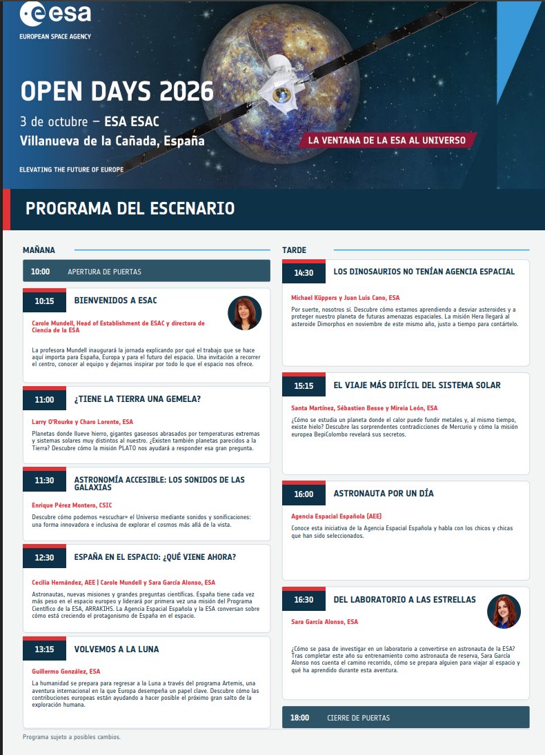 esa_es's tweet photo. 🎤 Mañana el escenario principal de ESAC en #ESAOpenDays2026 nos llevará desde los exoplanetas hasta la Luna, Mercurio y el futuro de la exploración espacial.
 
Entre los ponentes estarán Carole Mundell, Sara García Alonso y expertos de la ESA y la Agencia Espacial Española.

https://t.co/a83DphhM4g