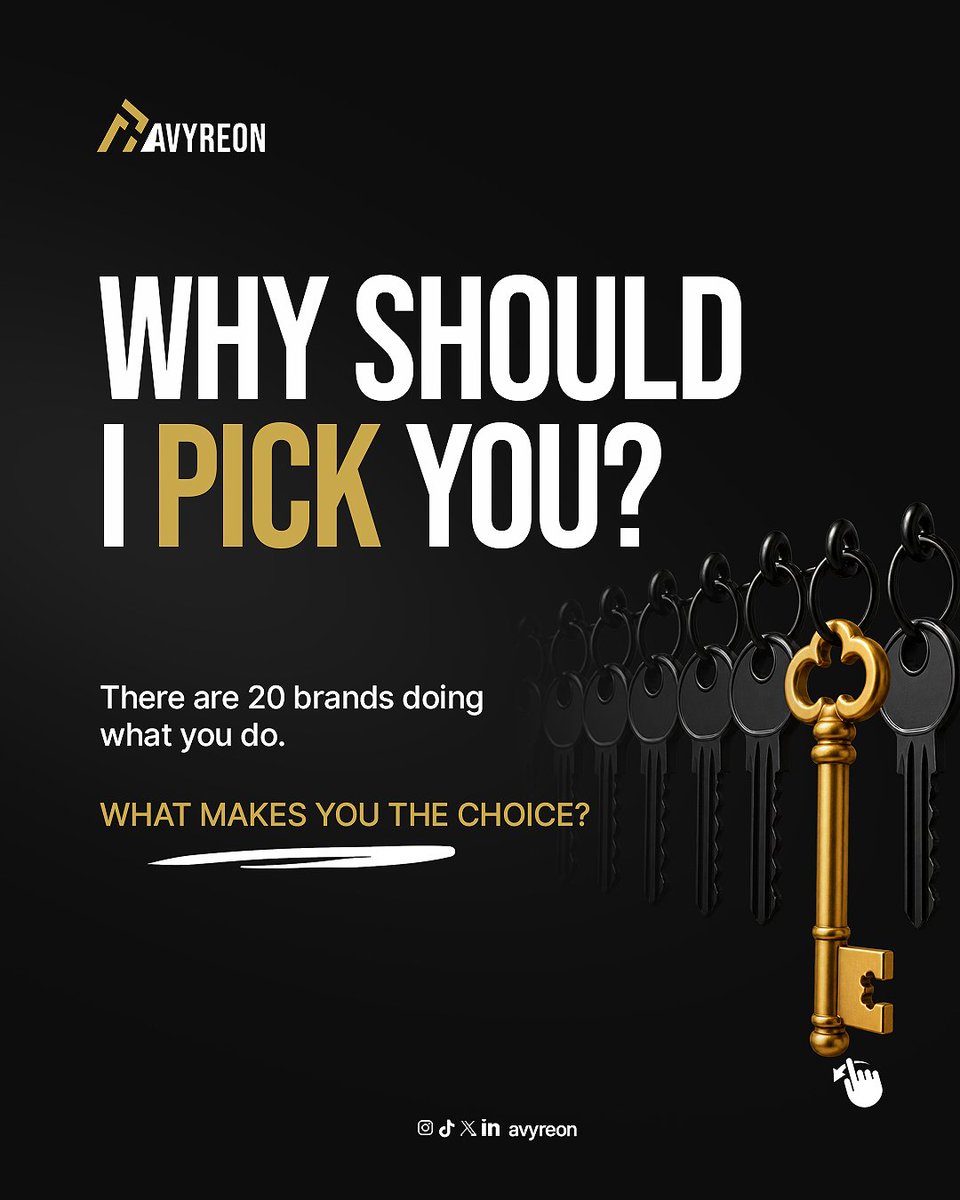 Avyreon's tweet photo. We’re the best” means nothing when everyone says it.

The real question is:
What space does your brand own?
Price? Expertise? Experience? A specific audience?
Pick your space. Own it. Become the reason they remember you.

 What space does your brand own? https://t.co/ebVYdryroL