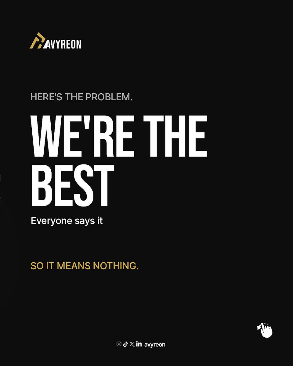 Avyreon's tweet photo. We’re the best” means nothing when everyone says it.

The real question is:
What space does your brand own?
Price? Expertise? Experience? A specific audience?
Pick your space. Own it. Become the reason they remember you.

 What space does your brand own? https://t.co/ebVYdryroL