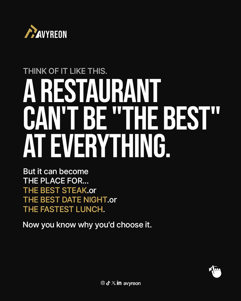 Avyreon's tweet photo. We’re the best” means nothing when everyone says it.

The real question is:
What space does your brand own?
Price? Expertise? Experience? A specific audience?
Pick your space. Own it. Become the reason they remember you.

 What space does your brand own? https://t.co/ebVYdryroL