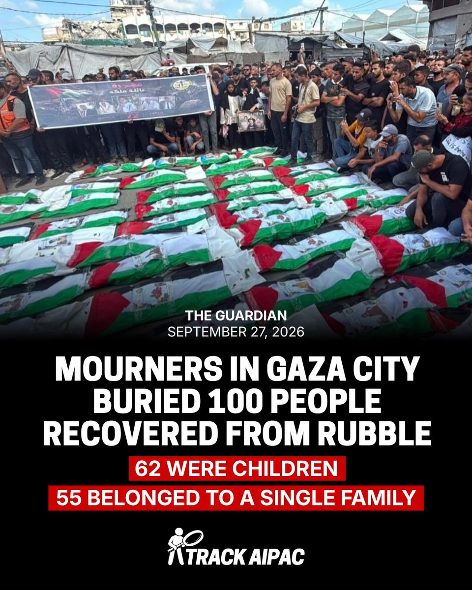 TrackAIPAC's tweet photo. On Sept. 6, mourners in Gaza City buried about 100 people who were finally recovered from the wreckage. 62 of those recovered from under the rubble were children. 55 belonged to a single family, the Malakas. They were killed by Israel in a single strike in November 2023.

61 million tons of concrete, rebar, and shattered homes sit atop people's remains. In two years, just 1.5 percent has been cleared. Israel wants to "speed things up" by desecrating remains and making sure no one can know the full extent of what they've done. 

We won't stand for it. We're replacing Congress with candidates who are anti-genocide.
