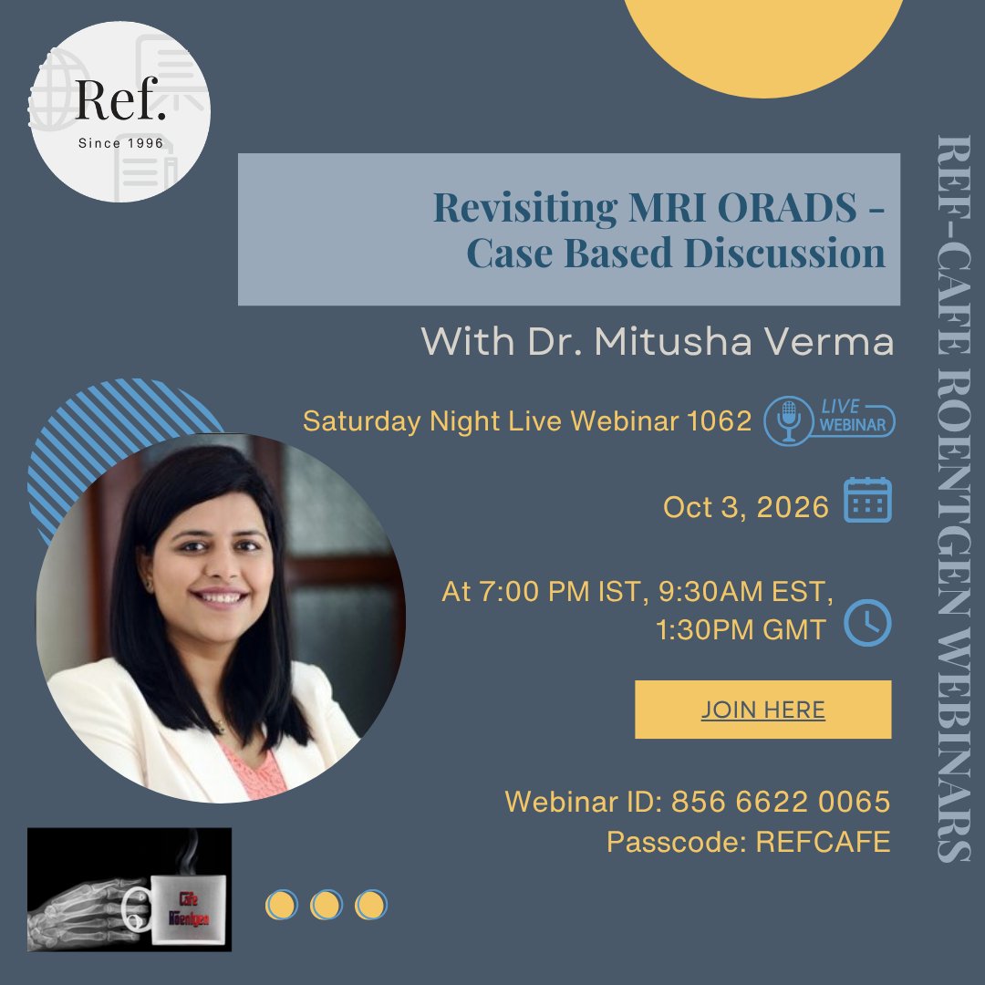 REF_INDIA's tweet photo. Oct 3 - Saturday Night Live Webinar 1062

Revisiting MRI ORADS - Case Based Discussion - Dr. Mitusha Verma, Consultant Radiologist, PET-CT, CT and MRI Department of Imaging, Nanavati Max Super specialty Hospital, Mumbai, INDIA

Join here: 
https://t.co/UyenSL0bEe https://t.co/erWOJJis9L