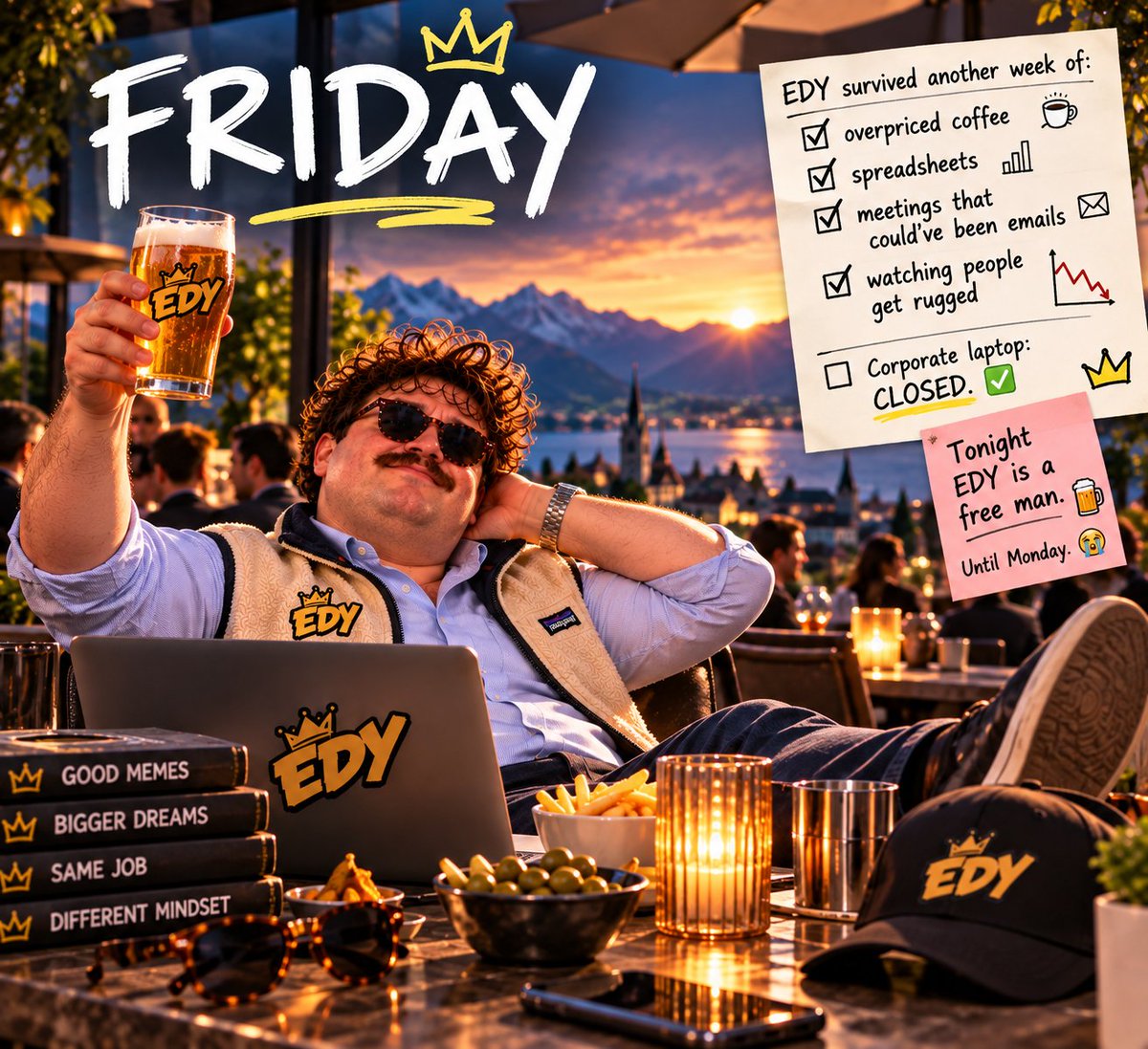 Edyonsol's tweet photo. FRIDAY. 🥸🍻

EDY survived another week of: ☕ overpriced coffee
📊 spreadsheets
📞 meetings that could’ve been emails
📉 watching people get rugged by other coins

Corporate laptop: CLOSED.

Tonight EDY is a free man.

Until Monday. 😭

#EDYonSol #CryptoMemes #SolanaCrypto https://t.co/tzrCYyaDVF