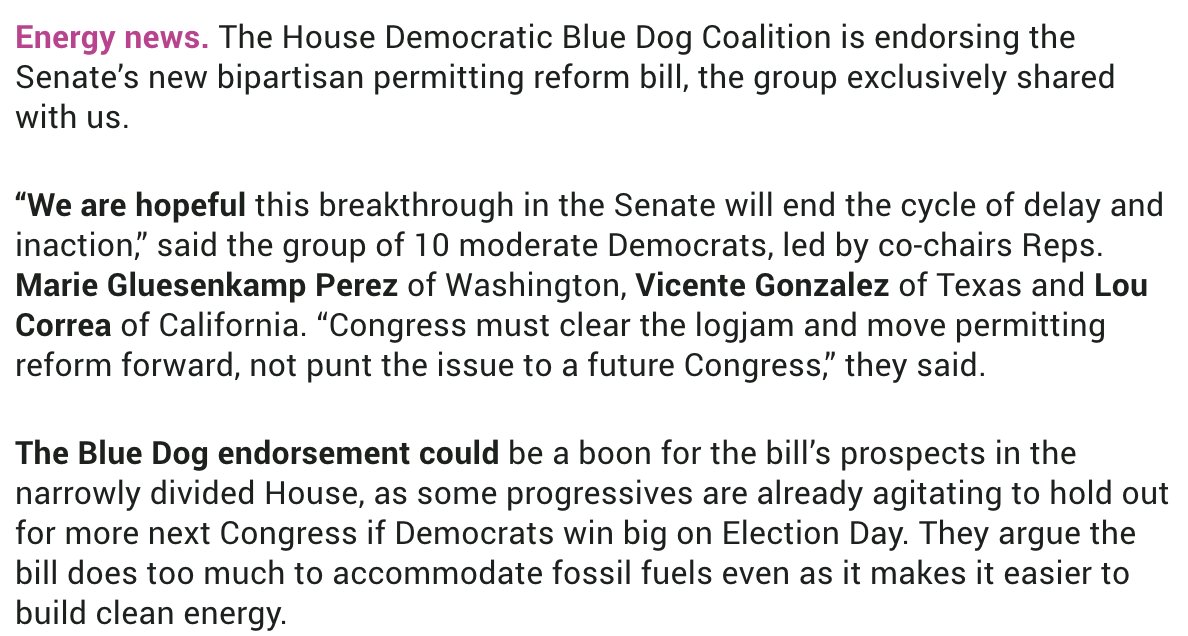 SiegelScribe's tweet photo. First in @PunchbowlNews midday: The House Democratic Blue Dog Coalition is endorsing the Senate’s bipartisan permitting bill. The group of 10 moderate Dems tells me "Congress must clear the logjam and move permitting reform forward, not punt the issue to a future Congress" https://t.co/ZGJrIFRkJt