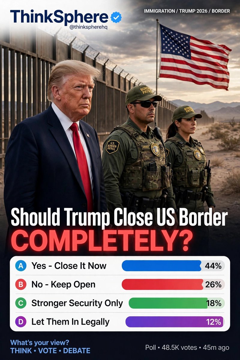 thinkspherehq's tweet photo. Should Trump Close US Border COMPLETELY? 🇺🇸🚧
Security vs Humanity — Where do YOU stand?
A) Yes - Close It Now 44%
B) No - Keep Open 26%
C) Stronger Security Only 18%
D) Let Them In Legally 12%
Vote A, B, C, D now 👇
#Border #Trump2026 #Immigration #ThinkSphere #USABorder https://t.co/dUxxB3vmnR