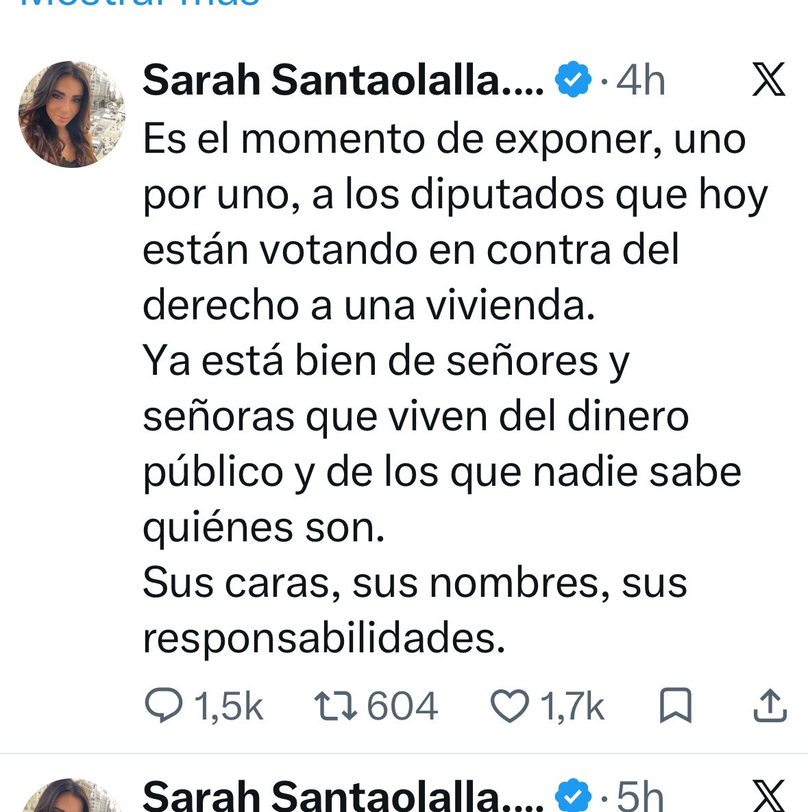 PedroOtamendi's tweet photo. Sarah Santaolalla:

Hace dos semanas, “contribuir a convertir al adversario político en un enemigo al que señalar era violencia política”. 

Hoy, “es el momento de exponer, uno por uno, a los diputados que están votando en contra del derecho a una vivienda”.

Mañana, lo que diga el guion.