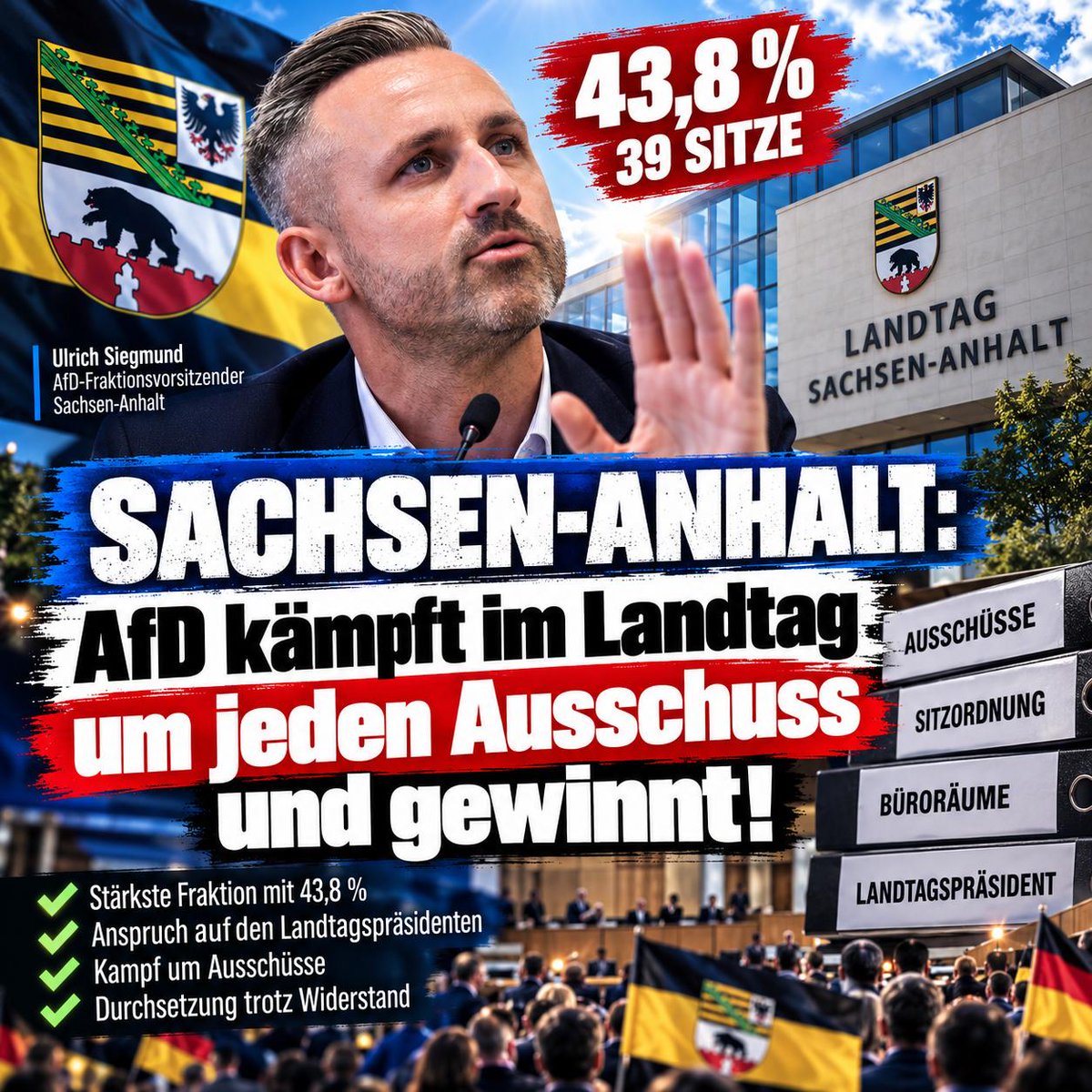 erdbeerbuegler's tweet photo. 💙🇩🇪 Sachsen-Anhalt: AfD kämpft im Landtag um jeden Ausschuss und gewinnt

Heute, Freitag 2. Oktober 2026 und aus Magdeburg kommt eine Meldung, die zeigt: Die AfD lässt sich auch im neuen Landtag nicht kleinhalten.

Mit 43,8 Prozent und 39 Sitzen ist die AfD die mit Abstand stärkste Fraktion im neuen Sachsen-Anhalter Landtag. Und trotzdem versuchen CDU, SPD, Grüne, Linke und BSW gemeinsam, die AfD bei der Verteilung von Ausschussvorsitzen und Räumlichkeiten zu benachteiligen. Neue Sitzordnung, Streit um Ausschüsse, Ärger um Büroräume das ist das Bild aus Magdeburg dieser Tage.

Die AfD kämpft dagegen und gewinnt. Nach dem Grundsatz, dass die stärkste Fraktion den Landtagspräsidenten stellen darf, hat die AfD ihren Anspruch bereits angemeldet. Das ist ihr demokratisches Recht. Wer 43,8 Prozent holt, hat den stärksten Anspruch auf Führungspositionen im Parlament egal wie unangenehm das den anderen Fraktionen ist.

Gleichzeitig meldet Handelsblatt heute: Die CDU lehnt eine Einladung der SPD ab, gemeinsam Optionen gegen eine AfD-Regierung in Magdeburg auszuloten. Das bedeutet: Die Front der Blockierer bröckelt auch von innen. Merz will öffentlich die Brandmauer hochhalten aber in Sachsen-Anhalt selbst zieht die CDU nicht mehr mit.

Siegmund wartet. November kommt. Und die AfD sitzt mit 39 Sitzen im Landtag größer als alle anderen Fraktionen zusammen.

🔗 Quelle: https://t.co/BO3nHStFA8

Abonnieren Für Mehr Widerstand 
https://t.co/39KcOldj4X💙🇩🇪

💙  Gruppenchat
https://t.co/f1cqQV4KTy