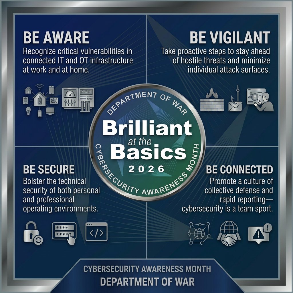 Cybersecurity starts with each of us. This Cybersecurity Awareness Month, the @DeptofWar is focusing on four foundational themes to harden our collective defense in today’s contested and dynamic digital environment.  
   
Throughout October, we will deliver the practical https://t.co/9KozyHrTo5