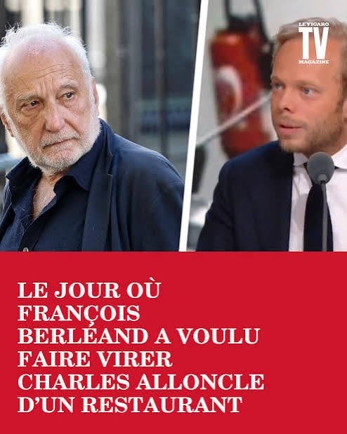 MatthieuBloch's tweet photo. Faut-il être affublé d'un complexe de supériorité gigantesque pour se permettre d'exiger d'un restaurateur qu'il vire un député de son établissement ?

Le comportement de François Berléand, avec mon excellent collègue et ami @CHAlloncle, est celui d'un petit marquis. 
Un petit marquis aux prises avec une panique morale, parce qu'il sent bien, au fond, que son monde, et les privilèges qui l'accompagnent, sont en train de s'effondrer.
En fait, c'est davantage pathétique qu'autre chose.
