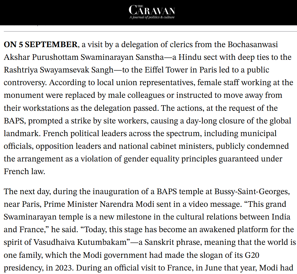 Debutant_Damsel's tweet photo. Interesting! 

Incredible timeline acrobatics from @SushantSin in @thecaravanindia  

A few facts-
BAPS delegation visit to the Eiffel Tower: Sept 5
PM Modi video message: Sept 6
Eiffel Tower strike: Sept 7 

Writing "Strike happened... French leaders politically condemned...next day PM Modi sent a video message celebrating inauguration", deliberately reverses the calendar to frame Modi's address as State endorsement of a larger controversy - just to invent a narrative. 

This exposes how Truth is manipulated, non-existent timelines are planted, and stories are engineered to deceive. 

Reading this particular essay requires immense strength, steeped in falsehoods, hatred, and ignorance. 

Even better, on the very same day this narrative was pushed, Le Parisien reported BAPS made no such request.