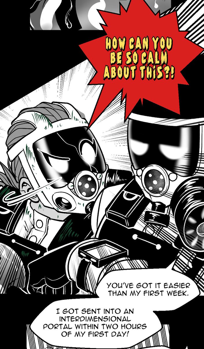 HazeWritesStuff's tweet photo. Thank you for all the follows and acceptance of my cosplays into the masked community but did you know I also make a webcomic centered on two gas mask protags?! 

It's Abnormal Shift (@AbnormalShift) a comedy/action comic about two guards trying to survive their shift at a horrific science facility! 

I write the comic while it's drawn by @DeadWords17 and @jeanfrancotwitt (shorts) who put in so much good work on it!