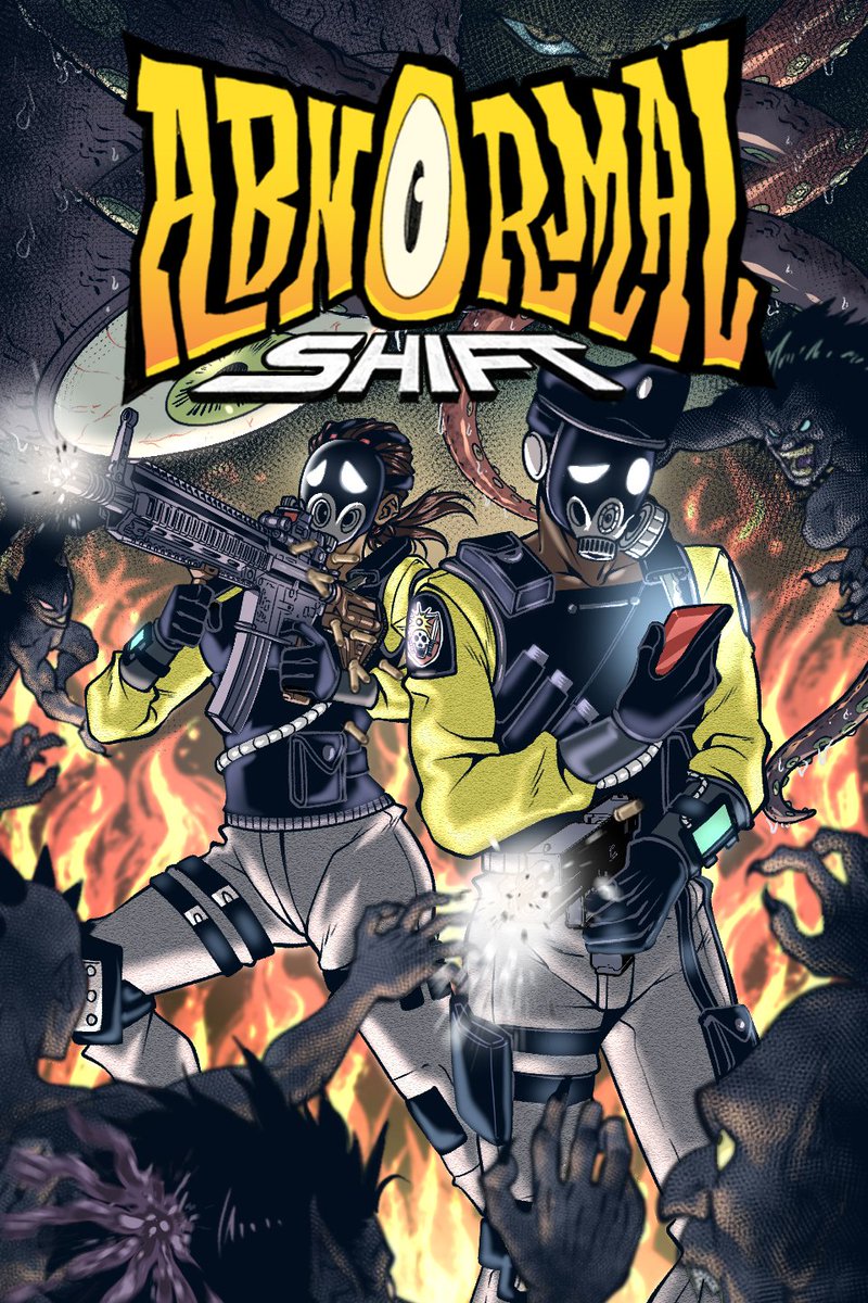 HazeWritesStuff's tweet photo. Thank you for all the follows and acceptance of my cosplays into the masked community but did you know I also make a webcomic centered on two gas mask protags?! 

It's Abnormal Shift (@AbnormalShift) a comedy/action comic about two guards trying to survive their shift at a horrific science facility! 

I write the comic while it's drawn by @DeadWords17 and @jeanfrancotwitt (shorts) who put in so much good work on it!