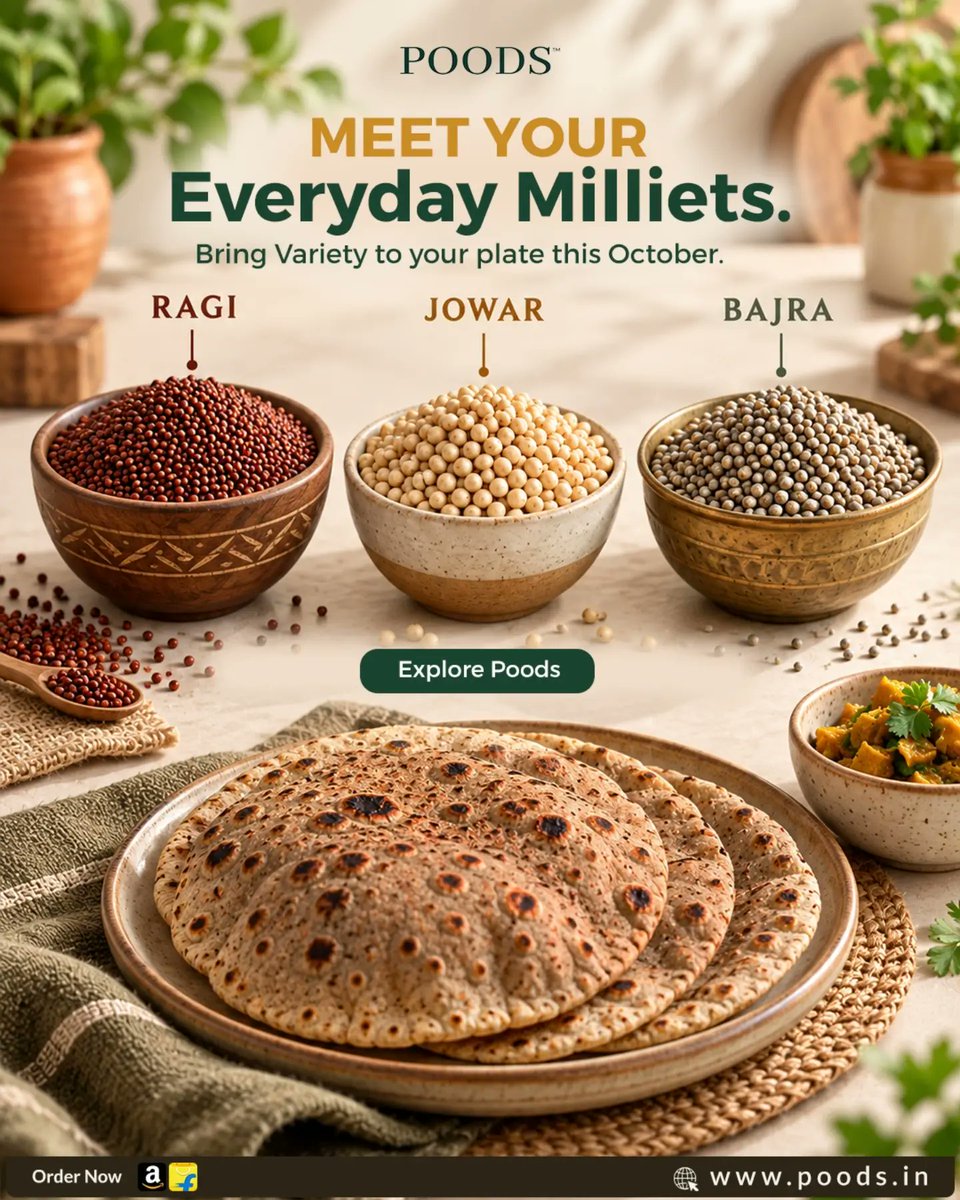 poodswellness's tweet photo. Meet Your Everyday Millets with Poods Wellness Hub!
Bring wholesome variety to your everyday meals this October with the goodness of Ragi, Jowar & Bajra.
Available on Amazon and Flipkart ✨
#EverydayMillets #Ragi #Jowar #Bajra #MilletNutrition https://t.co/d0c1XcY07Q