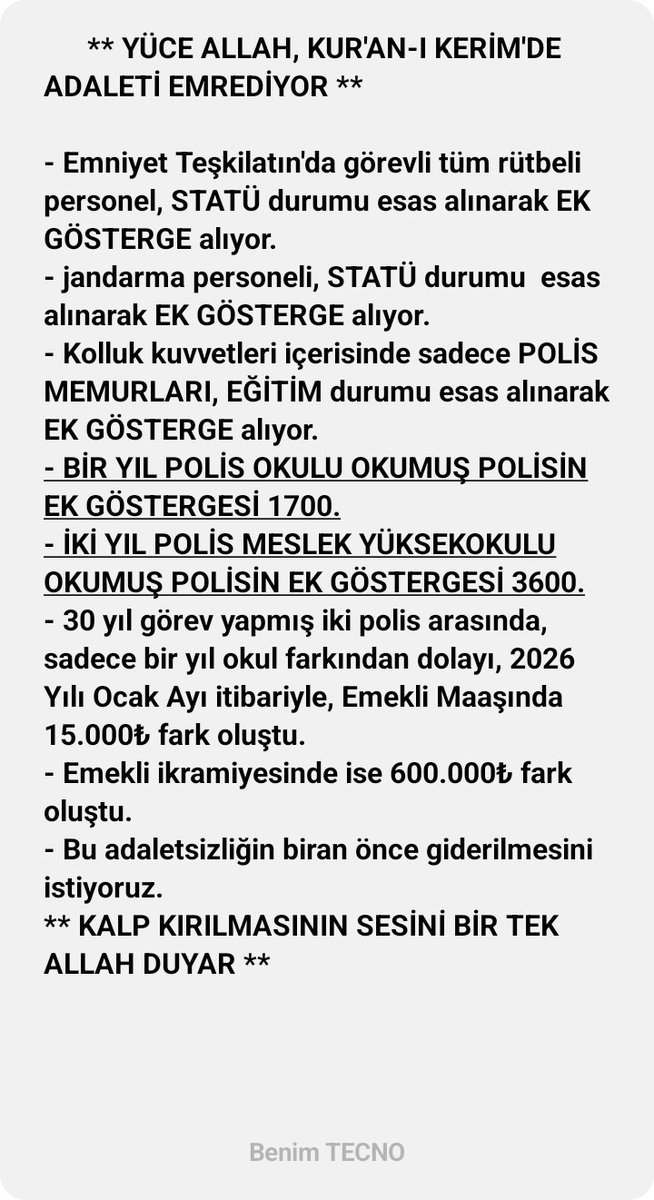 Nrllh_c's tweet photo. Yüce Rabb'imiz Kuran-ı Kerim'de #Adaleti emrediyor.
#PolisMasadaOlmalı
Yıllardır Devletimizin bekası için canımızı ortaya koyduk.
Devletin polis okulundan mezun olarak atandık.
Çalışanı ve emeklisi ile birlikte onbinlerce polisin #EkGöstergesi 1700 olmamalı
#PolisMasadaOlmalı https://t.co/5LxR0M6A87